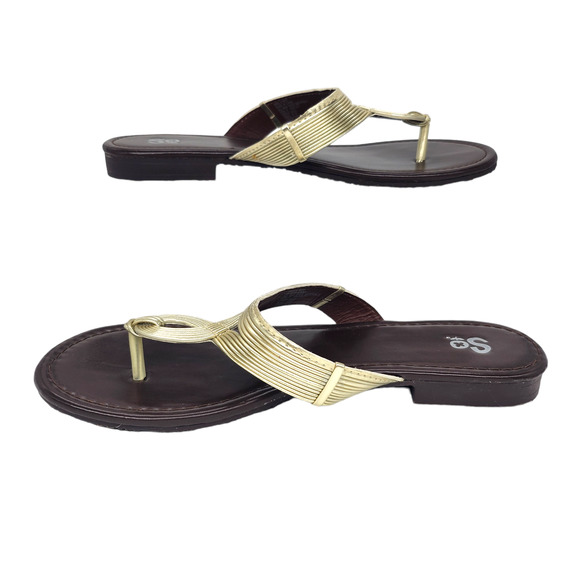 SO Sandals Womens 8 Gold Brown Strappy Summer Rubber Comfy Dressy Thong Flat - Picture 4 of 11